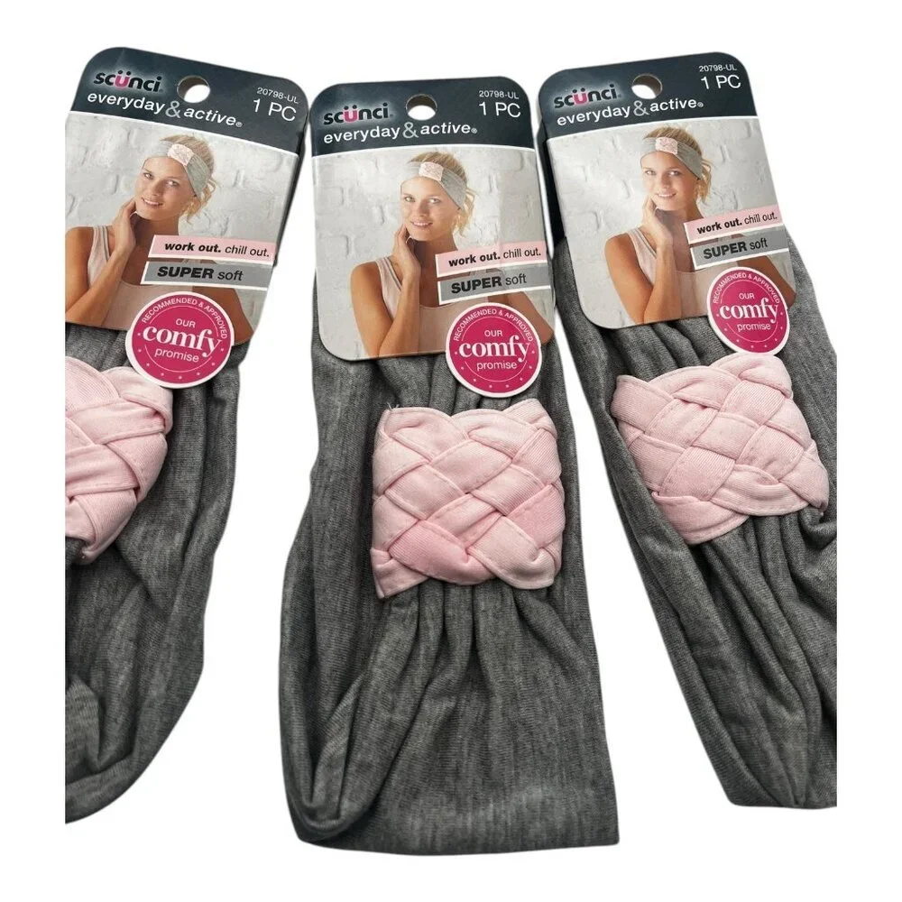 3X Scunci Everyday & Active Braided‎ Luxury Headwrap Headbands Gray Pink Stylish